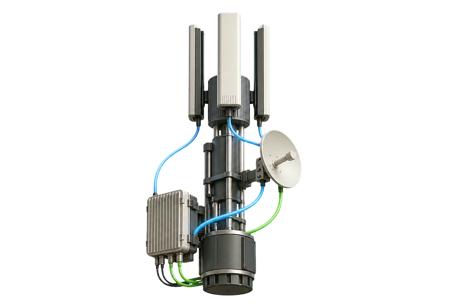 Hybrid communications mast combining terrestrial radio, satellite and fibre hardware