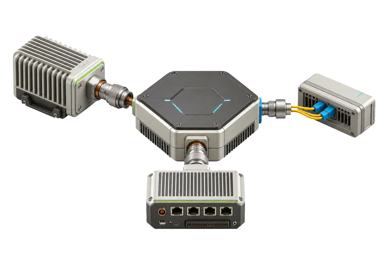 Radio, fibre and edge modules connected through an interoperability gateway