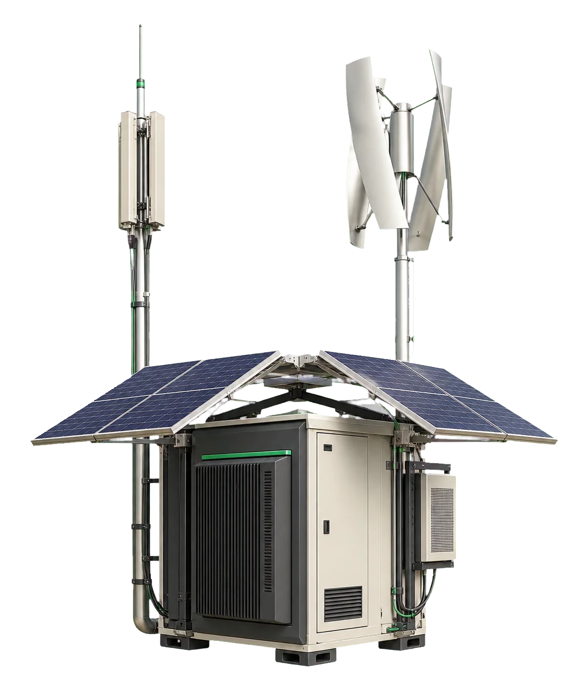 Low-carbon telecoms micro-site with solar power, wind generation and edge equipment